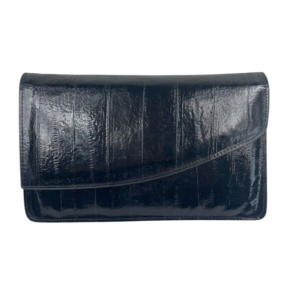 VTG 70s Vivace Black Patent Eel Skin Medium Purse Envelope Clutch Asymmetrical - Picture 1 of 12